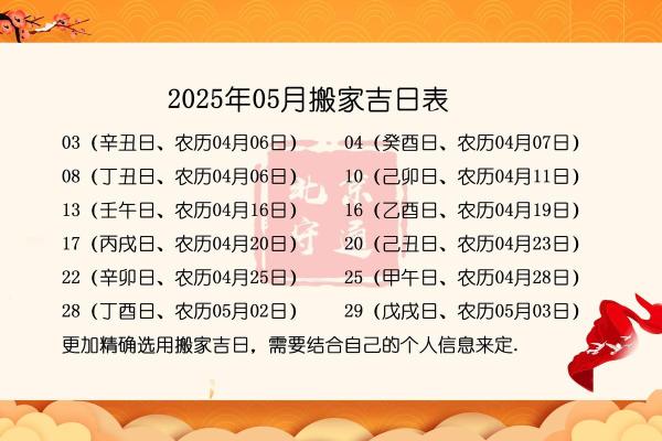 想查询2025年农历五月搬新家的黄道吉日该怎么看